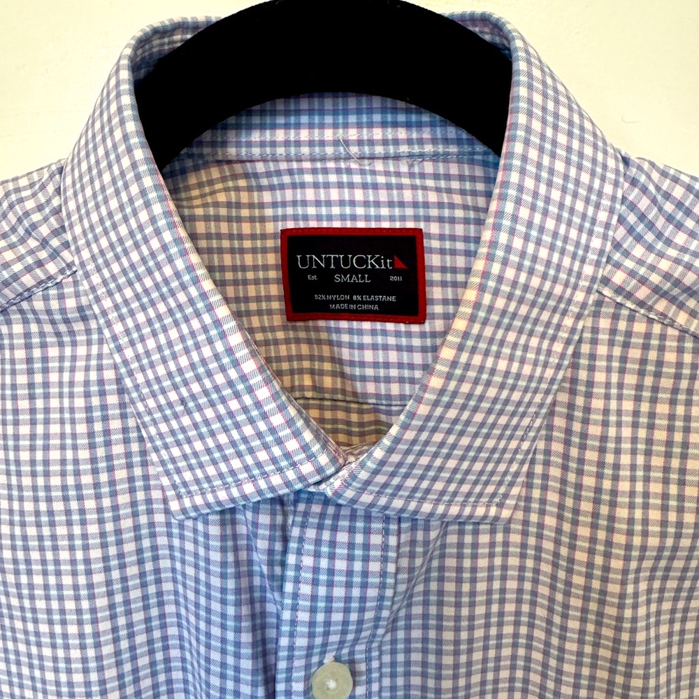 Untuckit plaid pink blue casual tech shirt button front small